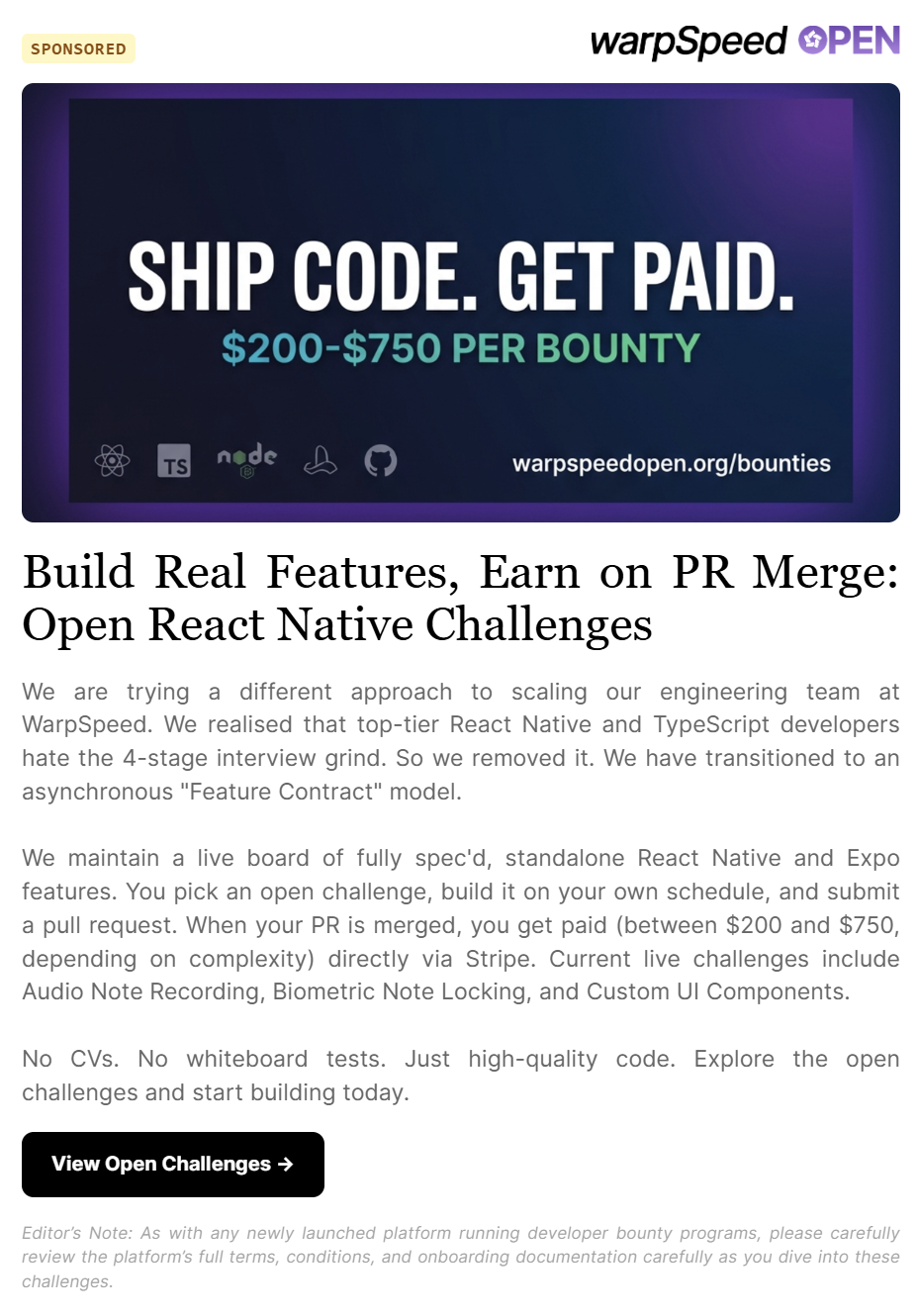 Example screenshot of a React Weekly main sponsor placement