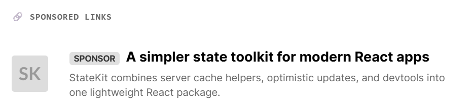 Example screenshot of a React Weekly sponsored link placement